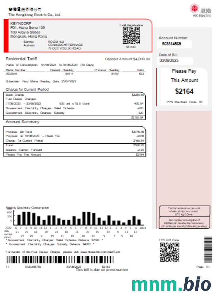 Hongkong Electric Company rachunek za usługi komunalne
